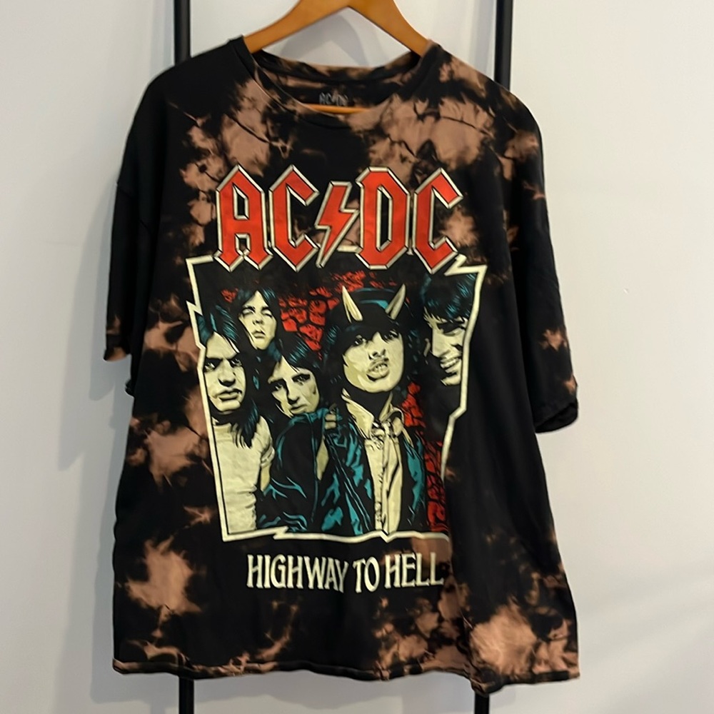 AC/DC Highway To Hell Licensed Black Bleach Tie Dye Heavy Metal Graphic T-Shirt